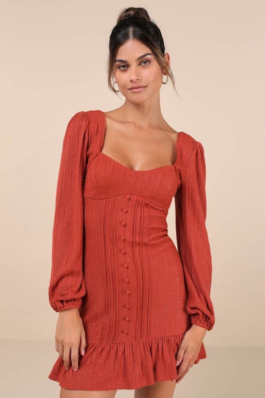 NWT Lulus Coveted Sweetness Rust Pointelle Knit Long Sleeve Mini Dress Party S